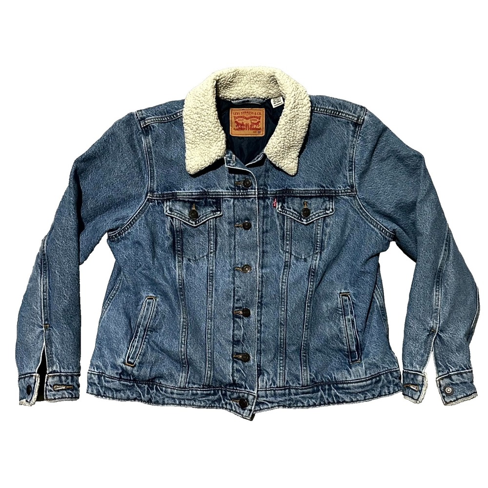 Levi's Trucker Jacket Women's Size 1X Blue Denim Cozy Sherpa Collar Button Front